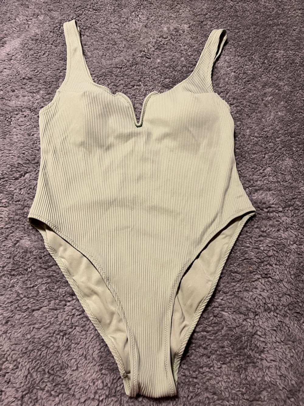 H&M Ribbed One-Piece Swimsuit in Light Green with V-Notch Size Medium